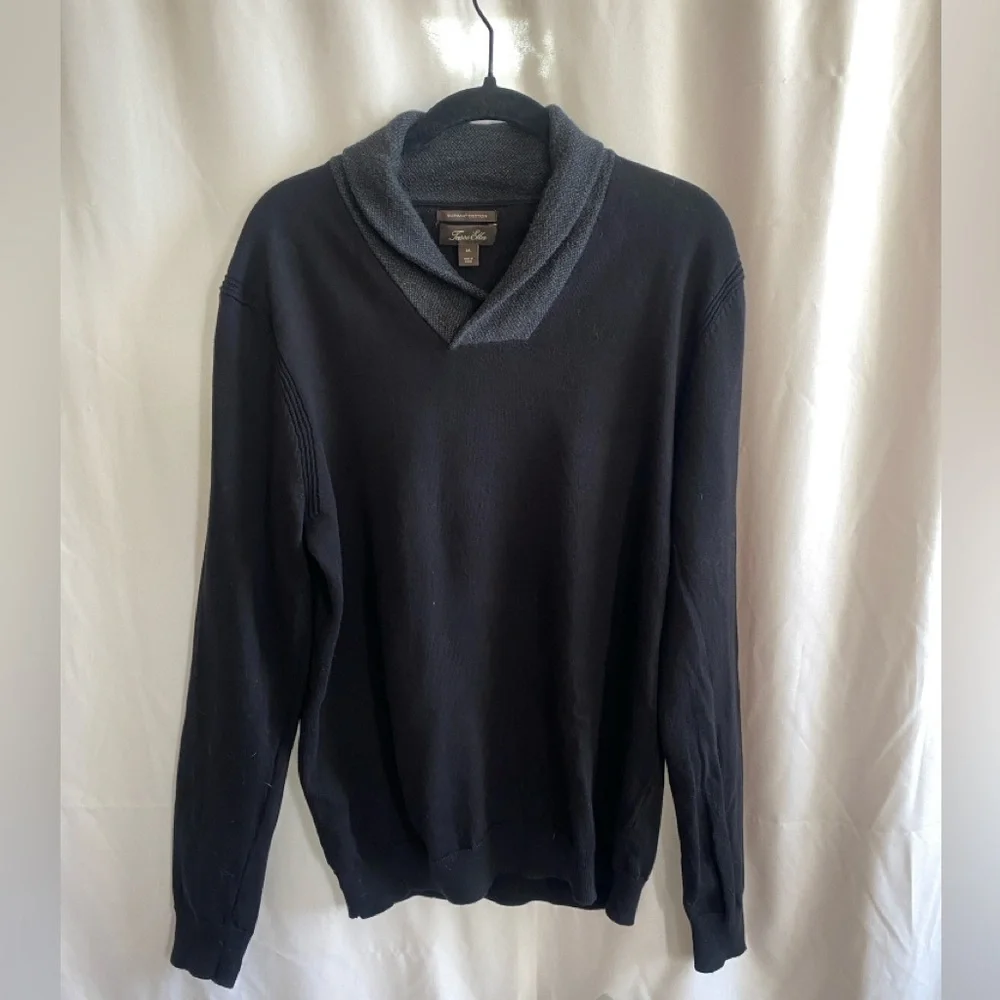 Tasso Elba Sweater Navy Blue Gray Shawl Neck 100% Cotton Medium